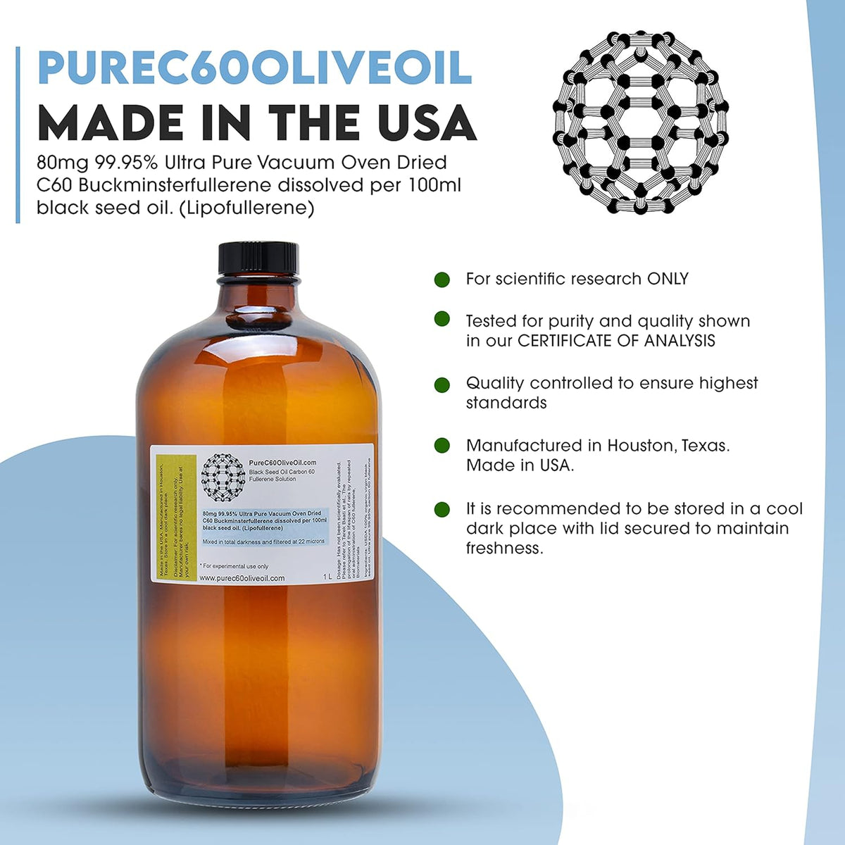 C60 Black Seed Oil 1L / 33.8 Fl Oz 800mg Amber Glass Bottle X6459