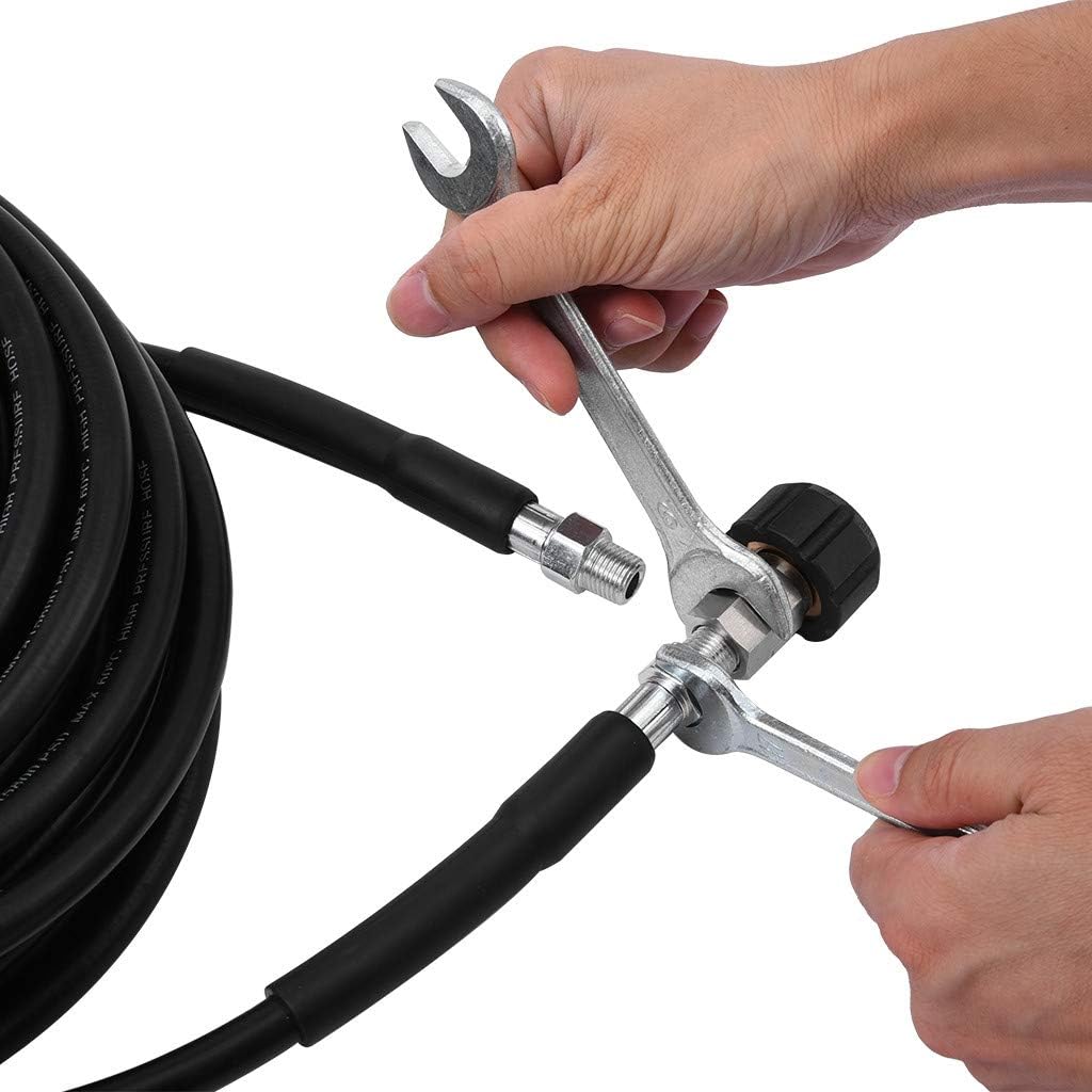 Sewer Jetter Kit for Pressure Washer, 50FT 5800PSI Drain Cleaner Hose 1/4 Inch NPT, Rotating Sewer Jetting Nozzle with Spanner Waterproof Tape Q360