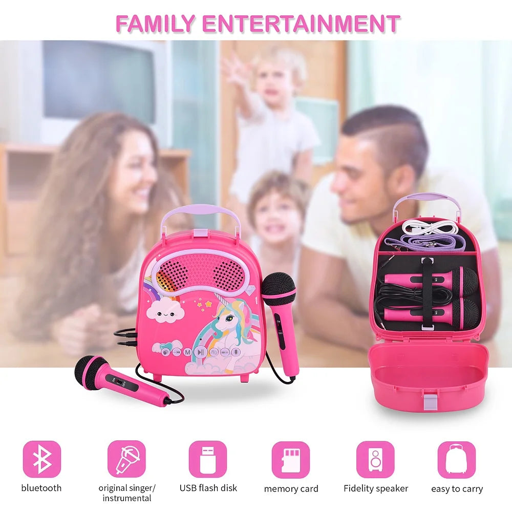 Kids Karaoke Machine with 2 Microphones Portable Toy Speaker with Voice Changer N2329