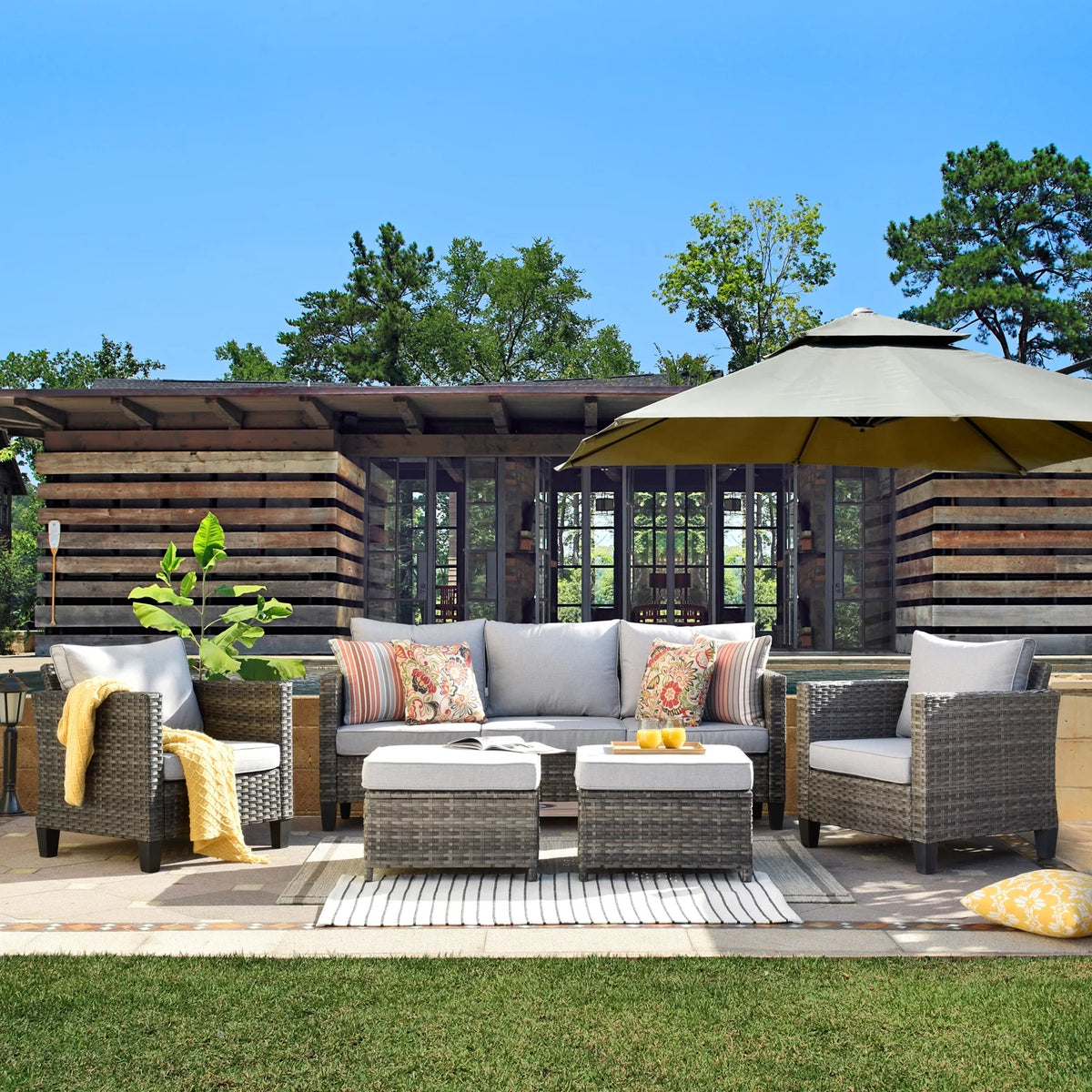 5 Pieces All-Weather Wicker Sectional Sofa with Cushions S253