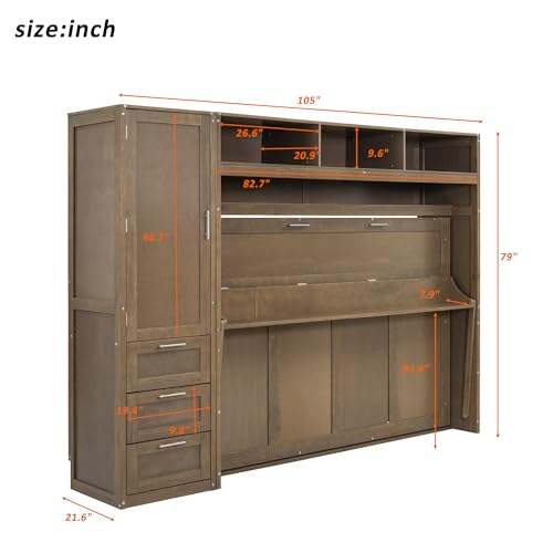 Antique Grey Solid Wood Murphy Bed with Wardrobe and Drawers Z538