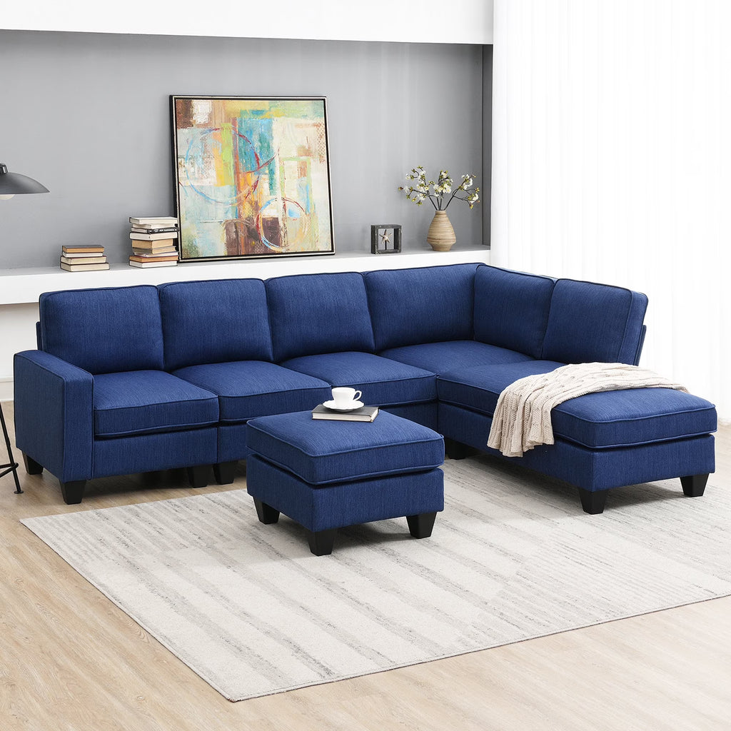 Blue Linen Fabric L-shaped Sectional Sofa I678108