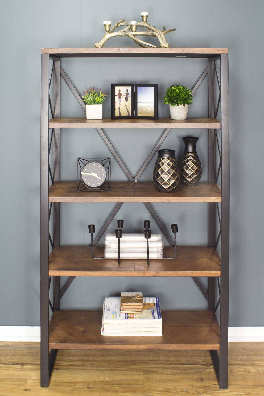 Natural and Orange Metal Wood Bookcase with 5 Shelves E660294