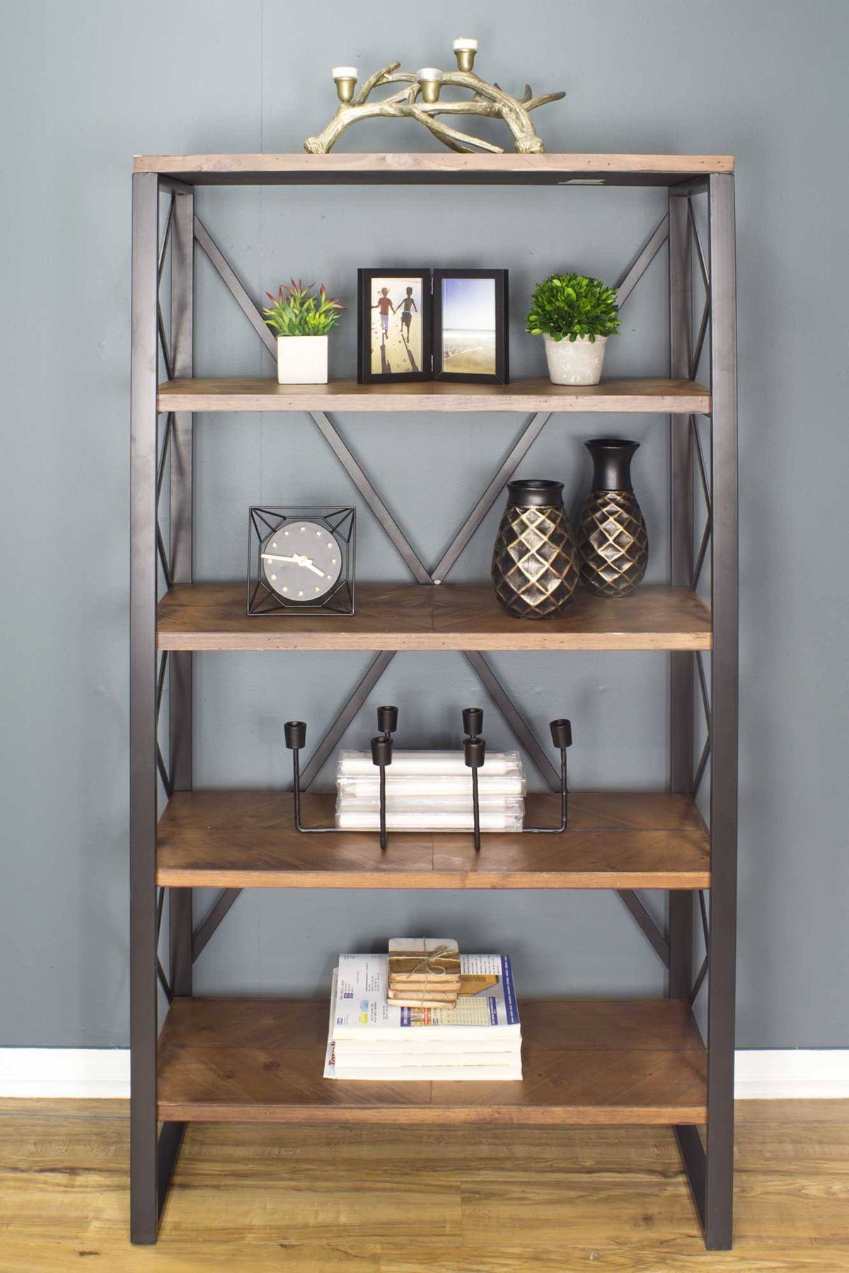 Natural and Orange Metal Wood Bookcase with 5 Shelves E660294