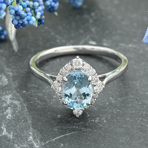 18K White Gold Halo Ring with Blue Aquamarine and White Diamond V831