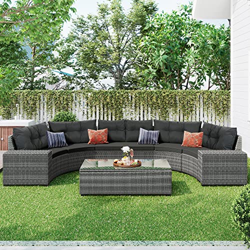 8 Piece Half Moon Sectional Patio Furniture Set with Washable Cushions and Glass Coffee Table R691