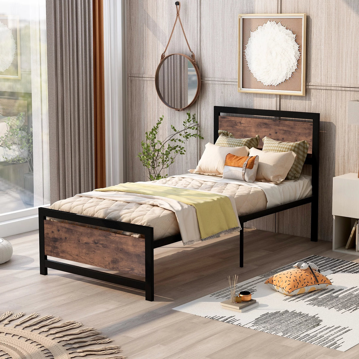 Black Twin Size Metal and Wood Platform Bed with Headboard and Footboard H37576