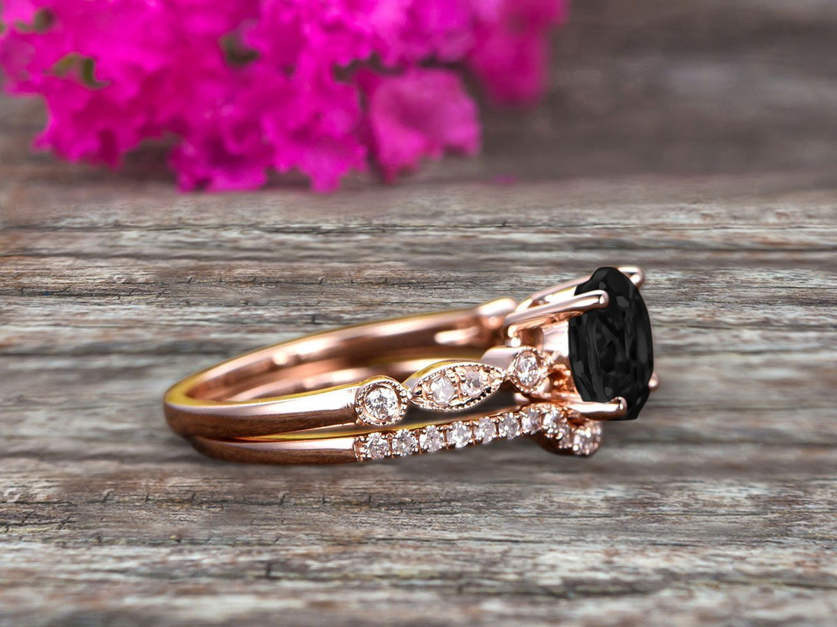 2 Carat Black Diamond Moissanite 10k Rose Gold Wedding Set Ring I148