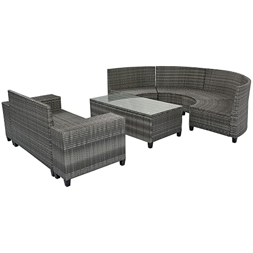8 Piece Half Moon Sectional Patio Furniture Set with Washable Cushions and Glass Coffee Table R691