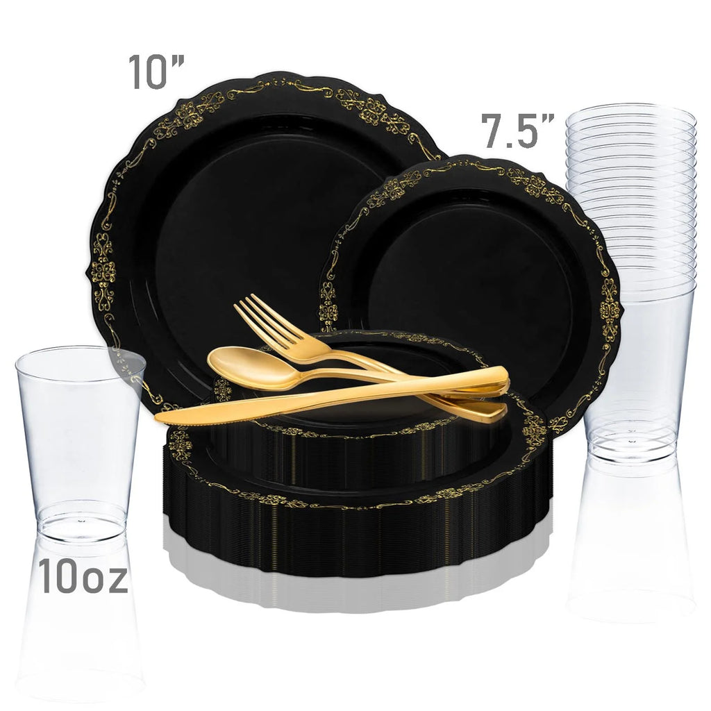 Black Gold Disposable Plastic Wedding Value Set (60 Guests) P845