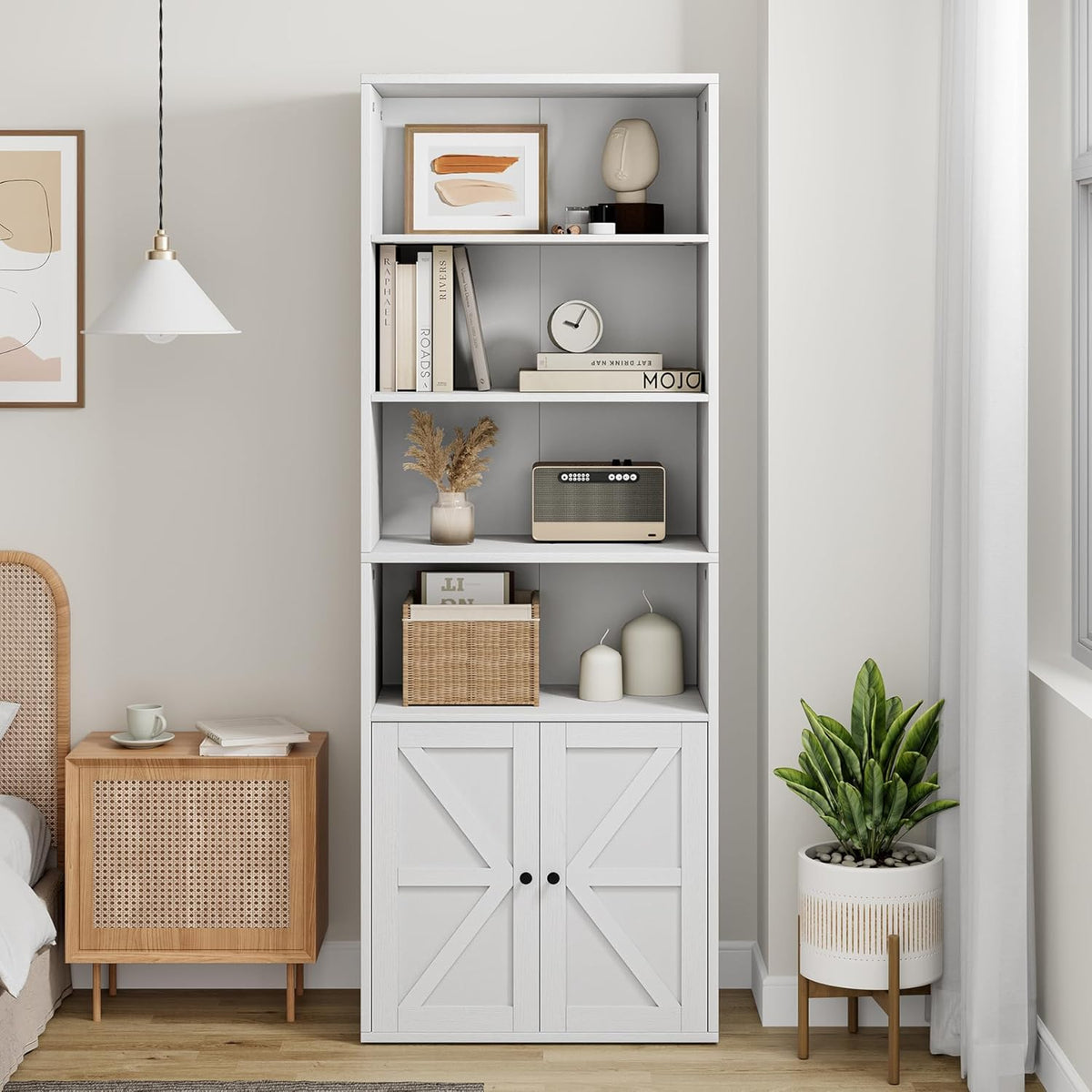 White 6 Shelf Wooden Bookcase with Doors O98609