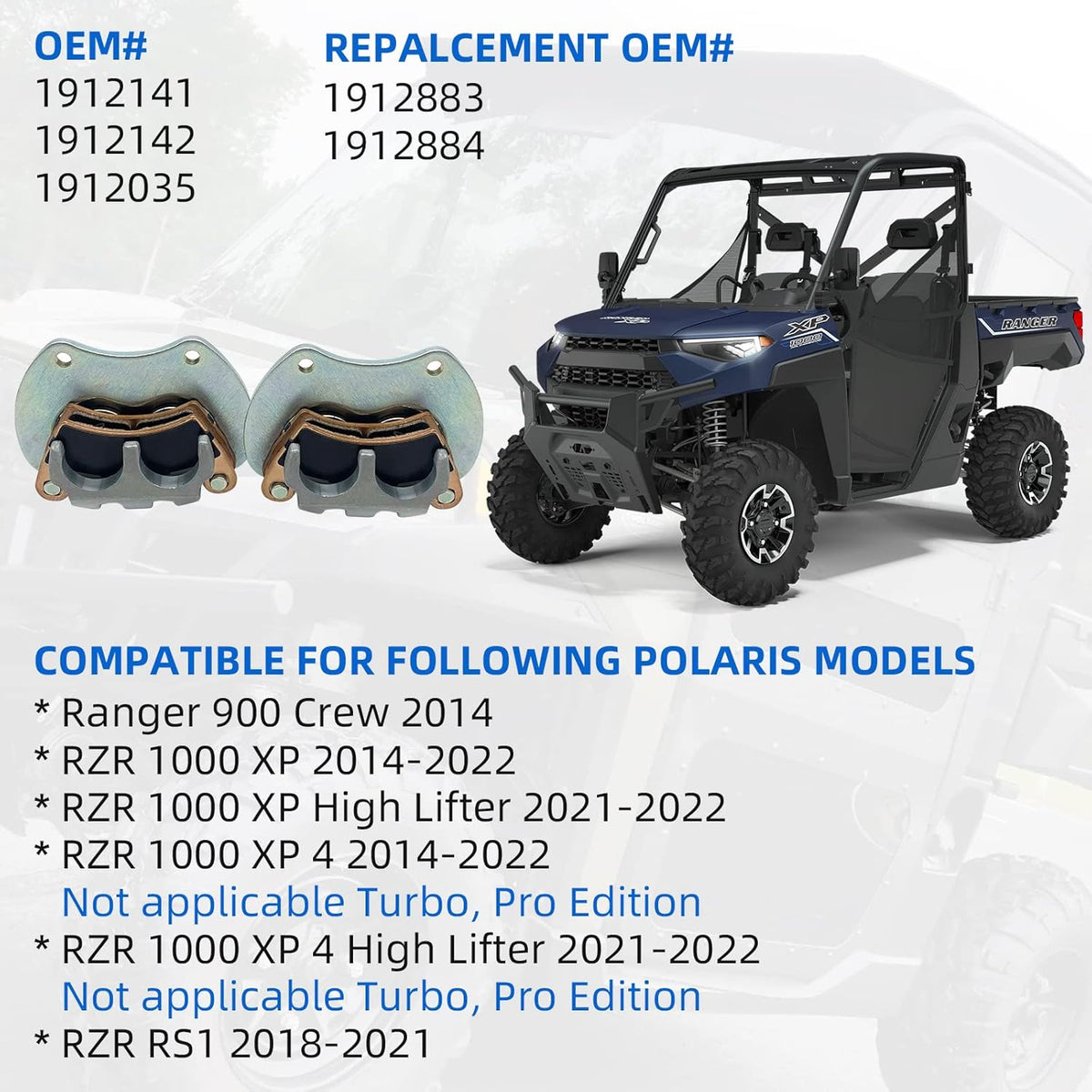 Left & Right Rear Brake Calipers & Pads Sintered for Polaris RZR XP 1000 RS1 Ranger-Crew-900 B894
