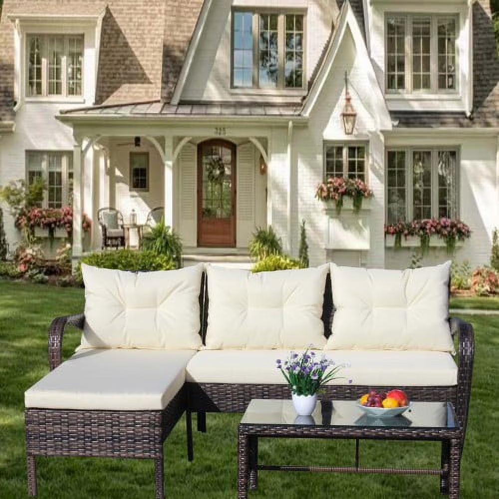 3 Piece Wicker Rattan Sectional Sofa with Beige Seat Cushions Z553869