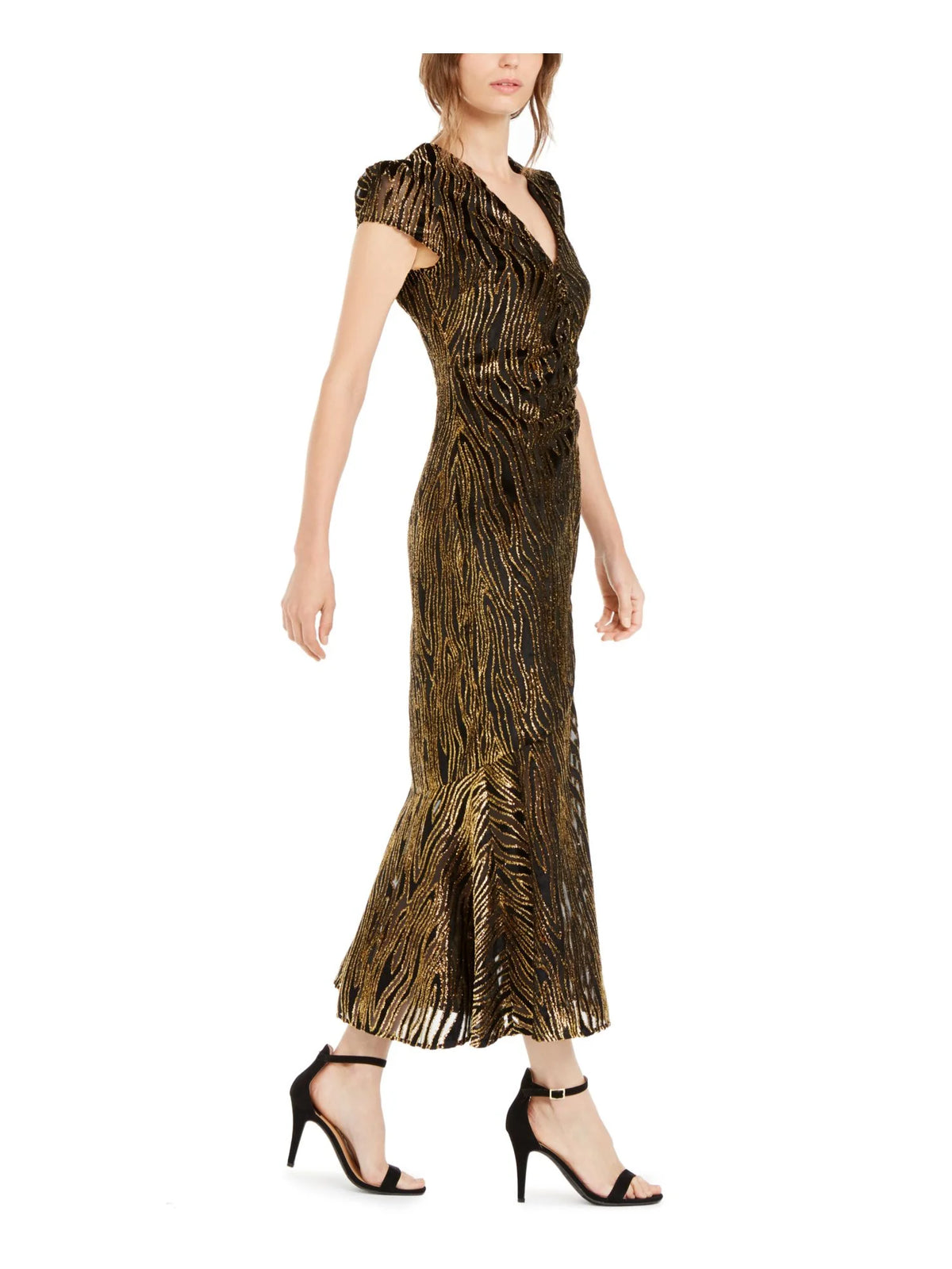 Black Textured Printed Cap Sleeve V Neck Maxi Trapeze Dress Q7170