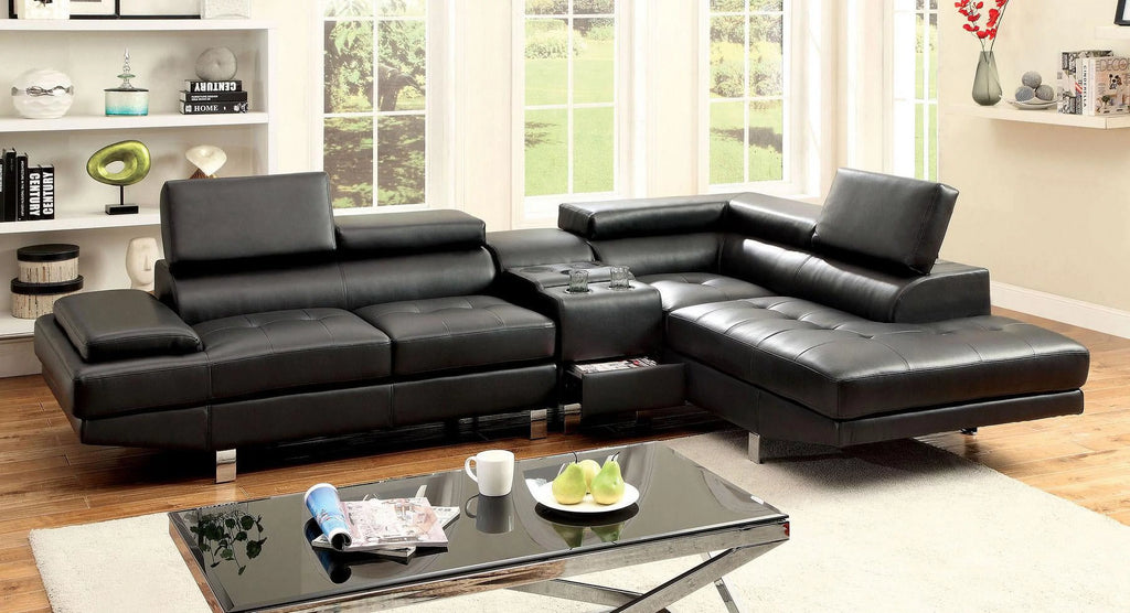 Black Bonded Leather Sectional Sofa and Speaker Console Z640