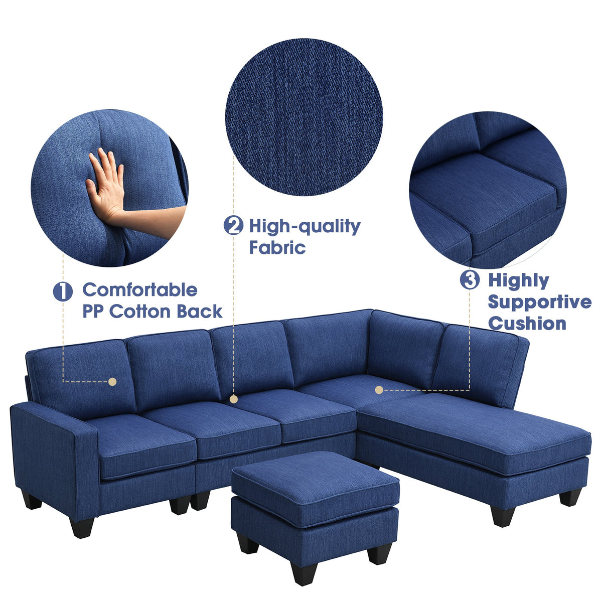 Blue Linen Fabric L-shaped Sectional Sofa I678108