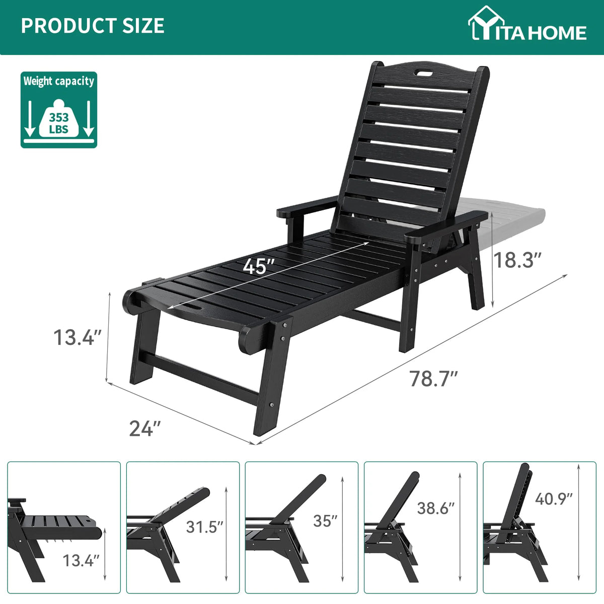 Black Adjustable Resin Outdoor Chaise Lounge Chair D814