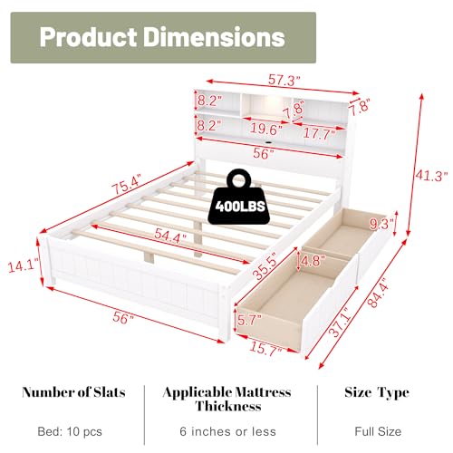 White Twin Size Platform Bed with Bookcase Headboard and 2 Storage Drawers R5608