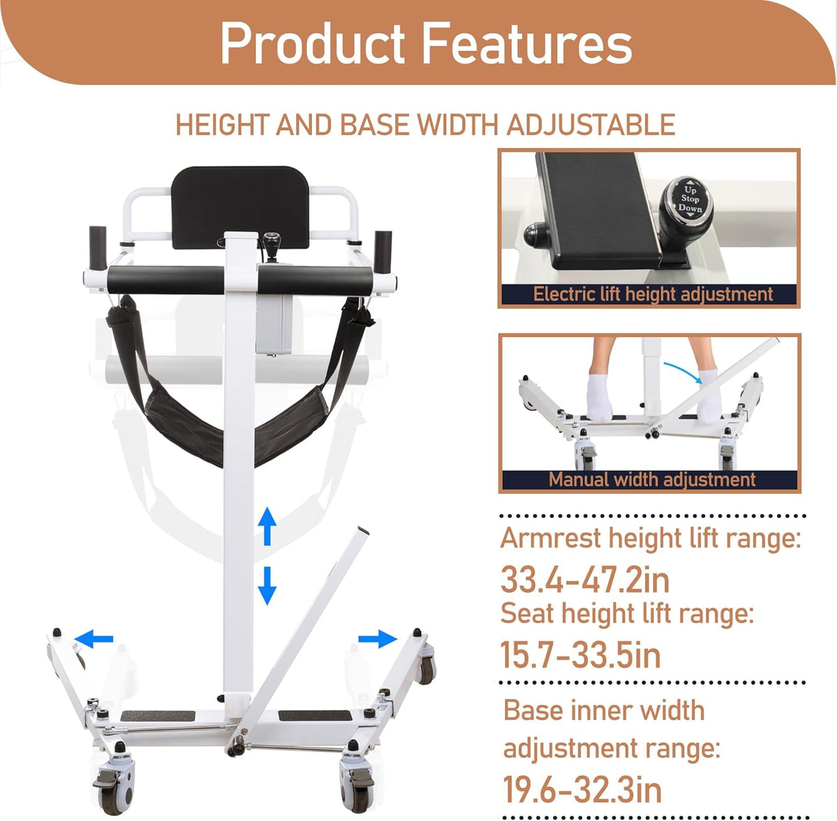 White Foldable Electric Patient Lift Transfer Chair with Adjustable Base S86953