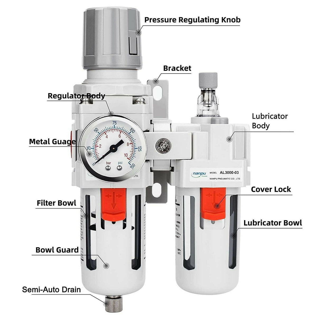 3/8x22 NPT Compressed Air Filter Regulator Lubricator Combo I8675