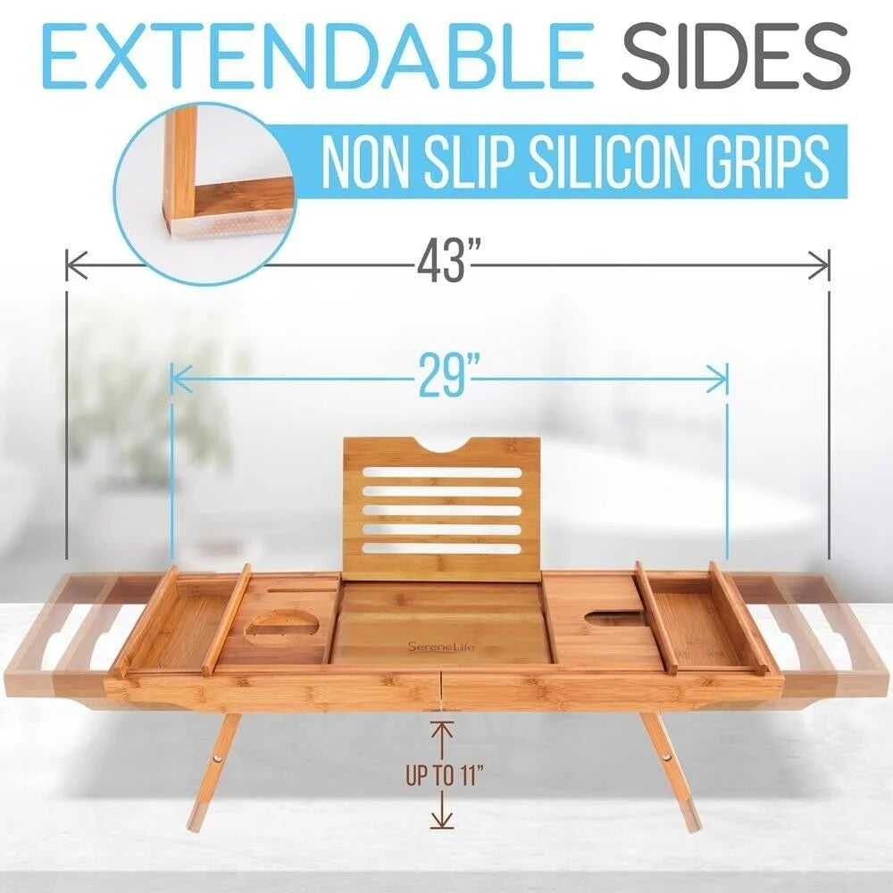 Natural Bamboo Bathtub Caddy with Adjustable Length V3583