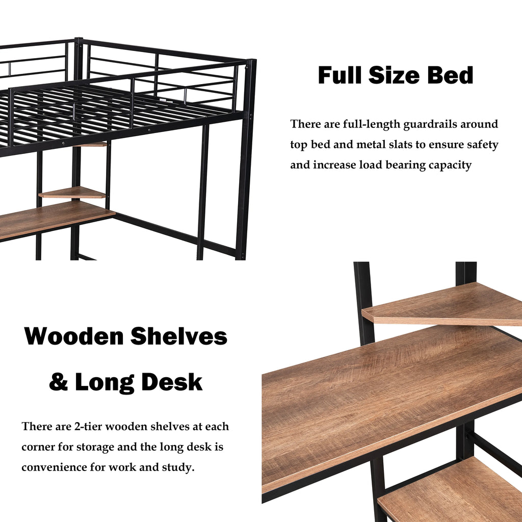 Full Size Metal Loft Bed with Desk and Shelves O336