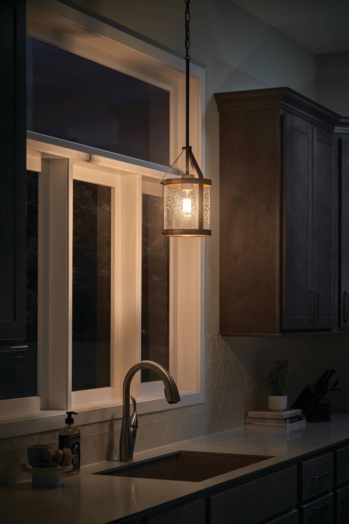 Distressed Black and Wood Seeded Glass Mini Pendant Light V86509
