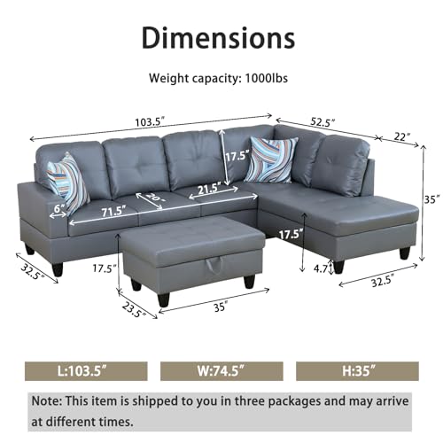 Faux Leather L Shaped Sectional Sofa with Storage Ottoman and Two Pillow C79608