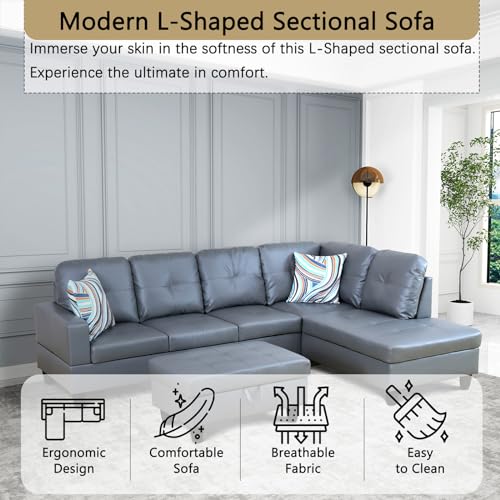 Faux Leather L Shaped Sectional Sofa with Storage Ottoman and Two Pillow C79608