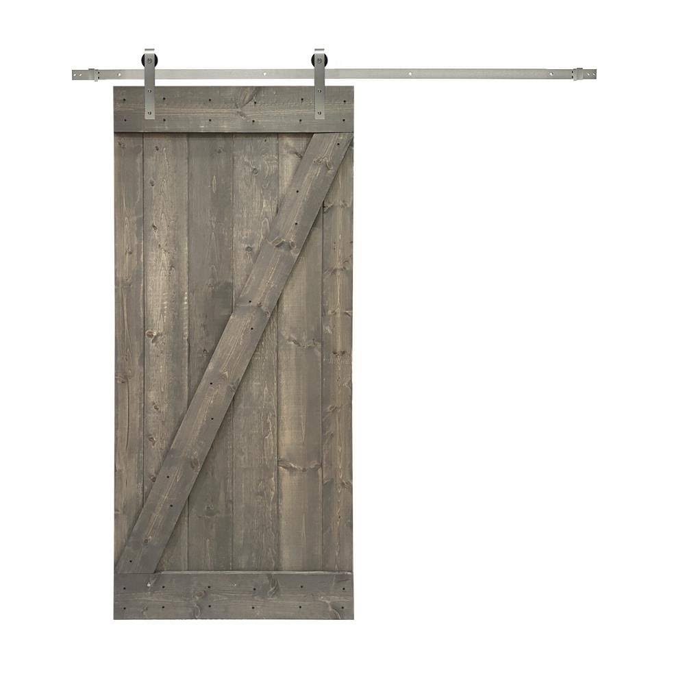 Weather Gray Stained Wood Interior Sliding Barn Door with Hardware Kit L515