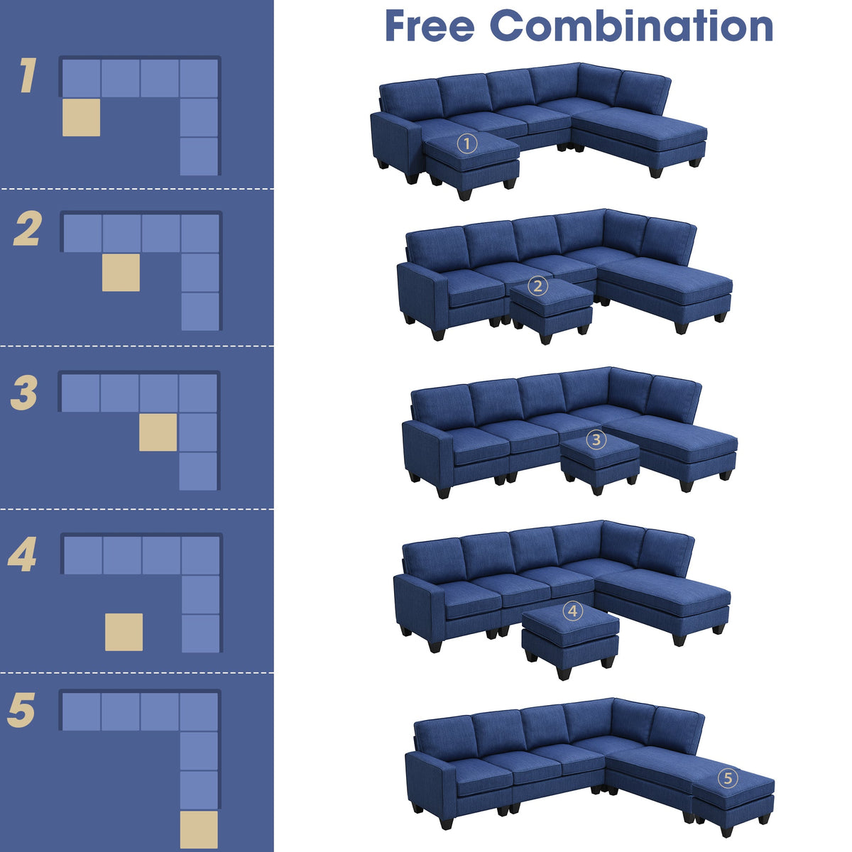Blue Linen Fabric L-shaped Sectional Sofa I678108