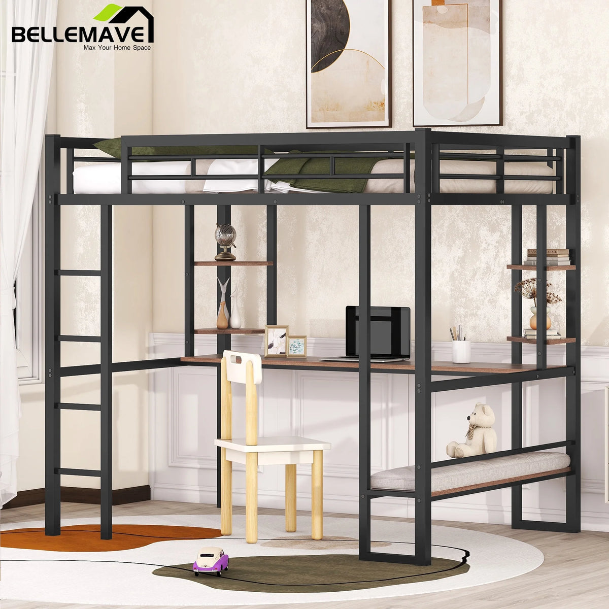 Full Size Metal Loft Bed with Desk and Shelves O336