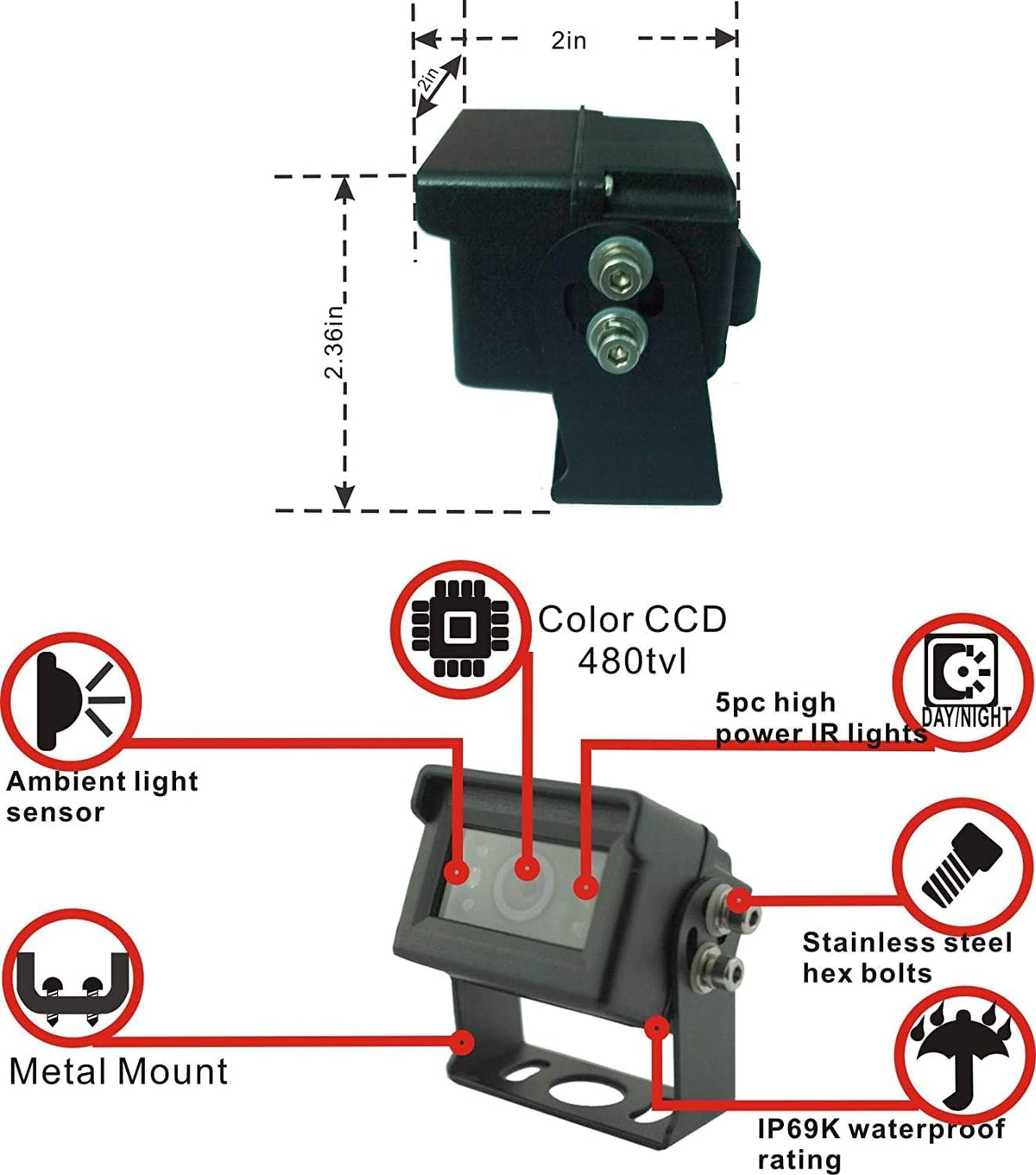 Wired Dual Backup Camera Kit, 7 LCD Monitor, IP69K Waterproof Rear View Camera O762883