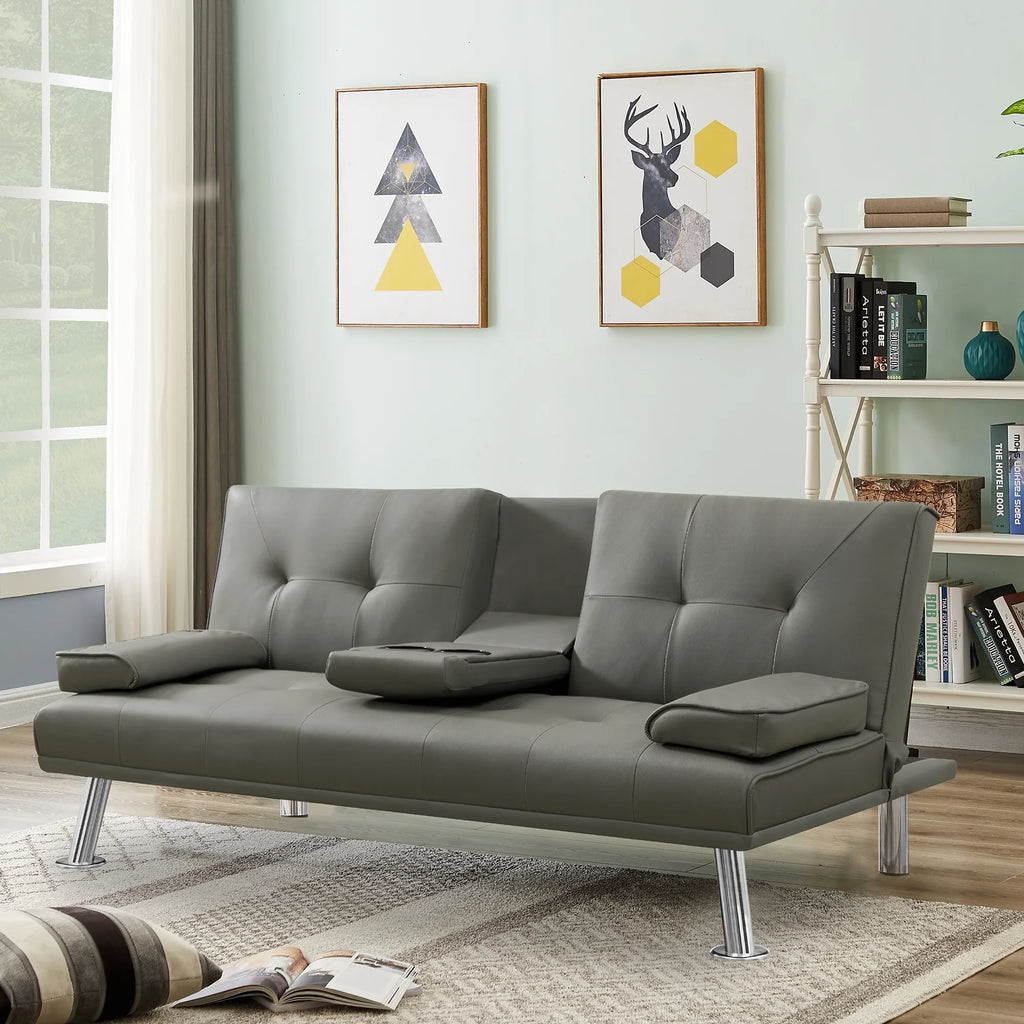 Gray Faux Leather Loveseat Sofa Bed with Cup Holders W362654