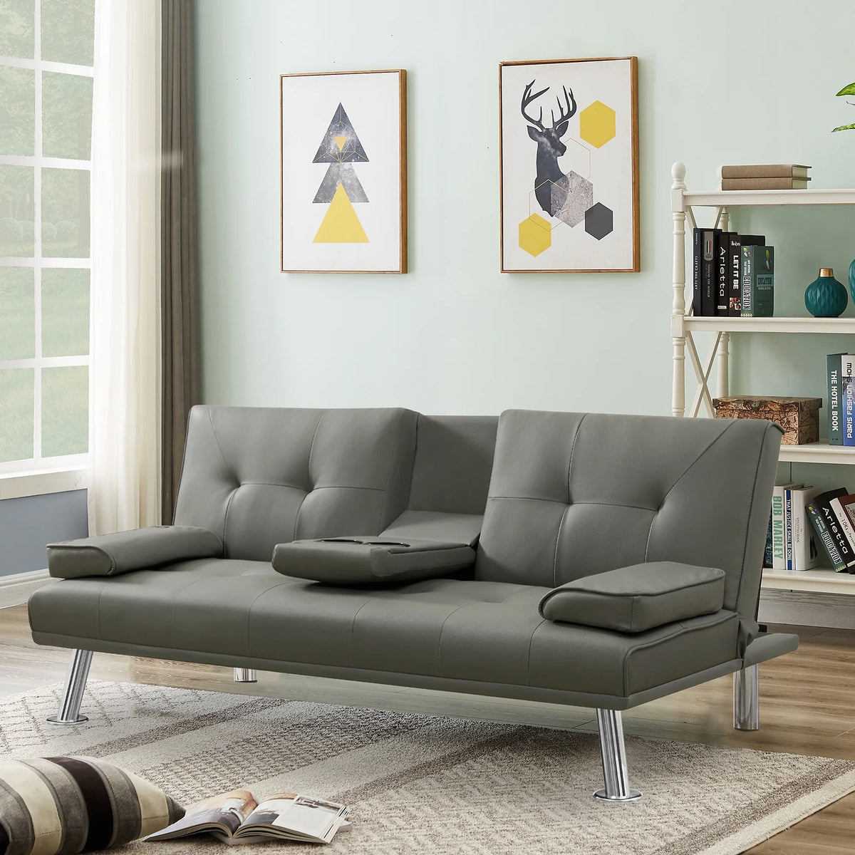 Gray Faux Leather Loveseat Sofa Bed with Cup Holders W362654