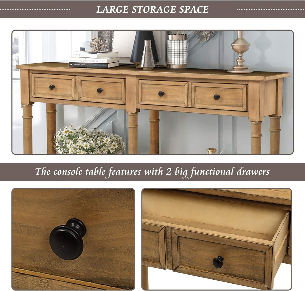 Old Pine Solid Wood Console Sofa with Two Storage Drawers and Bottom Shelf D315