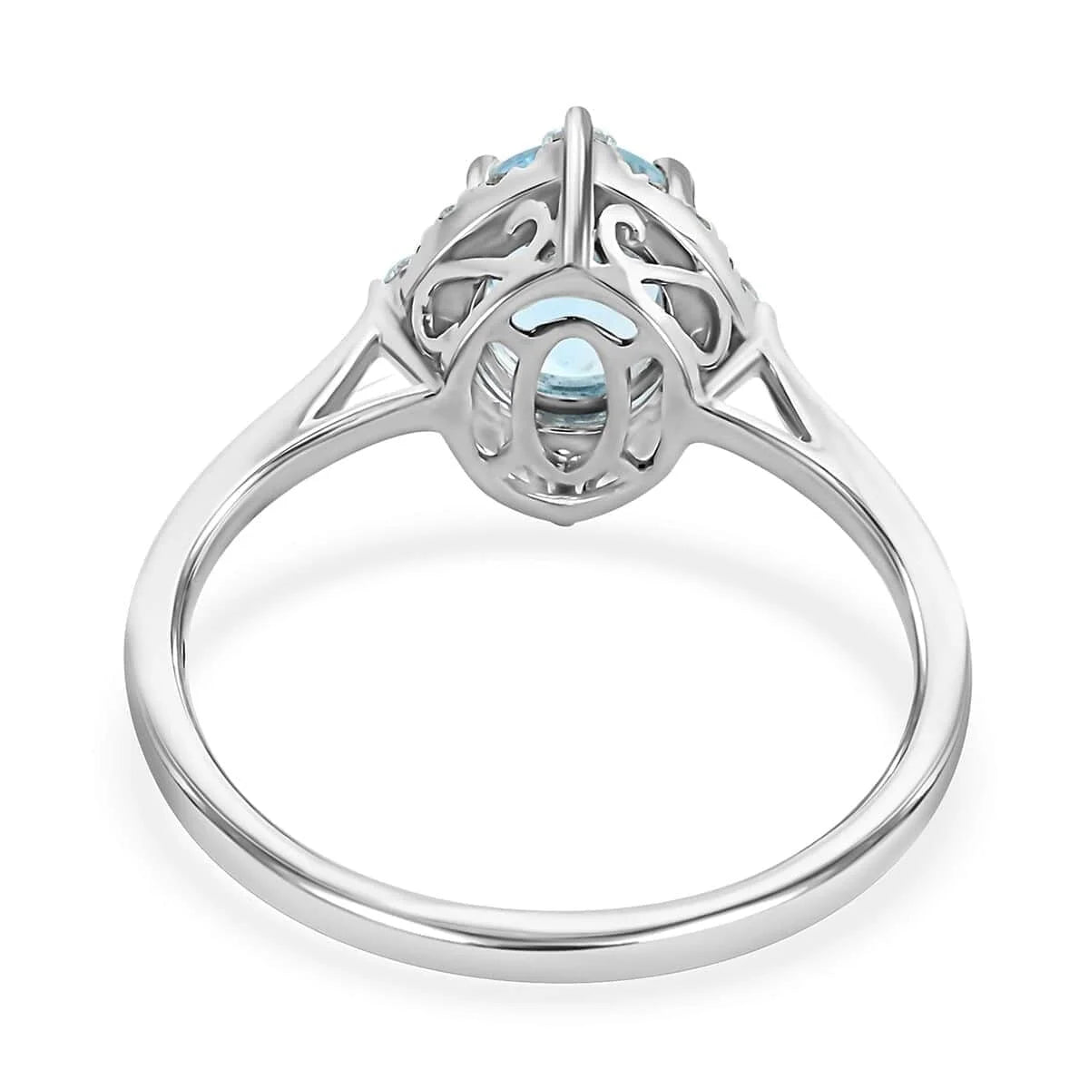 18K White Gold Halo Ring with Blue Aquamarine and White Diamond V831