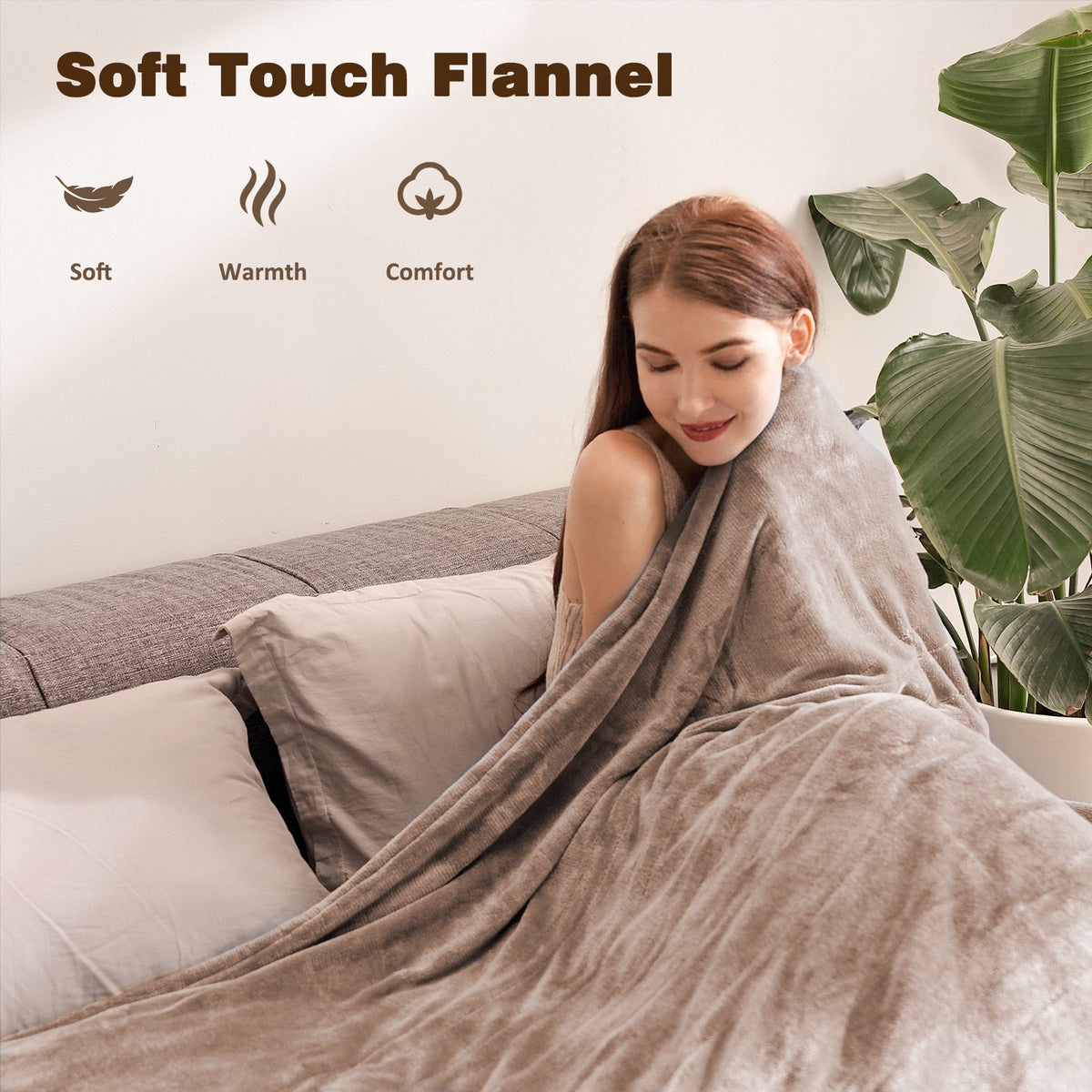 King Size Camel Flannel Heated Blanket C290
