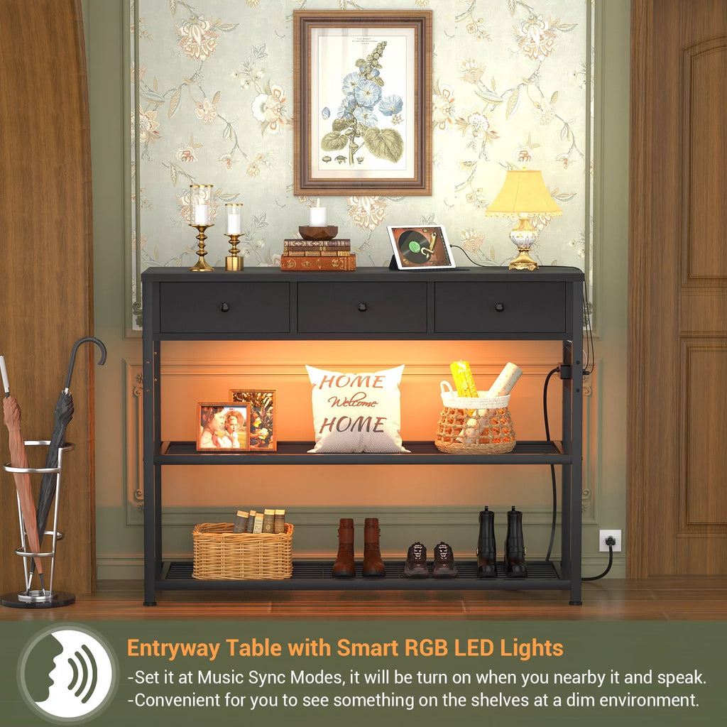 Black Console Table with Charging Station and Storage Shelves J374998