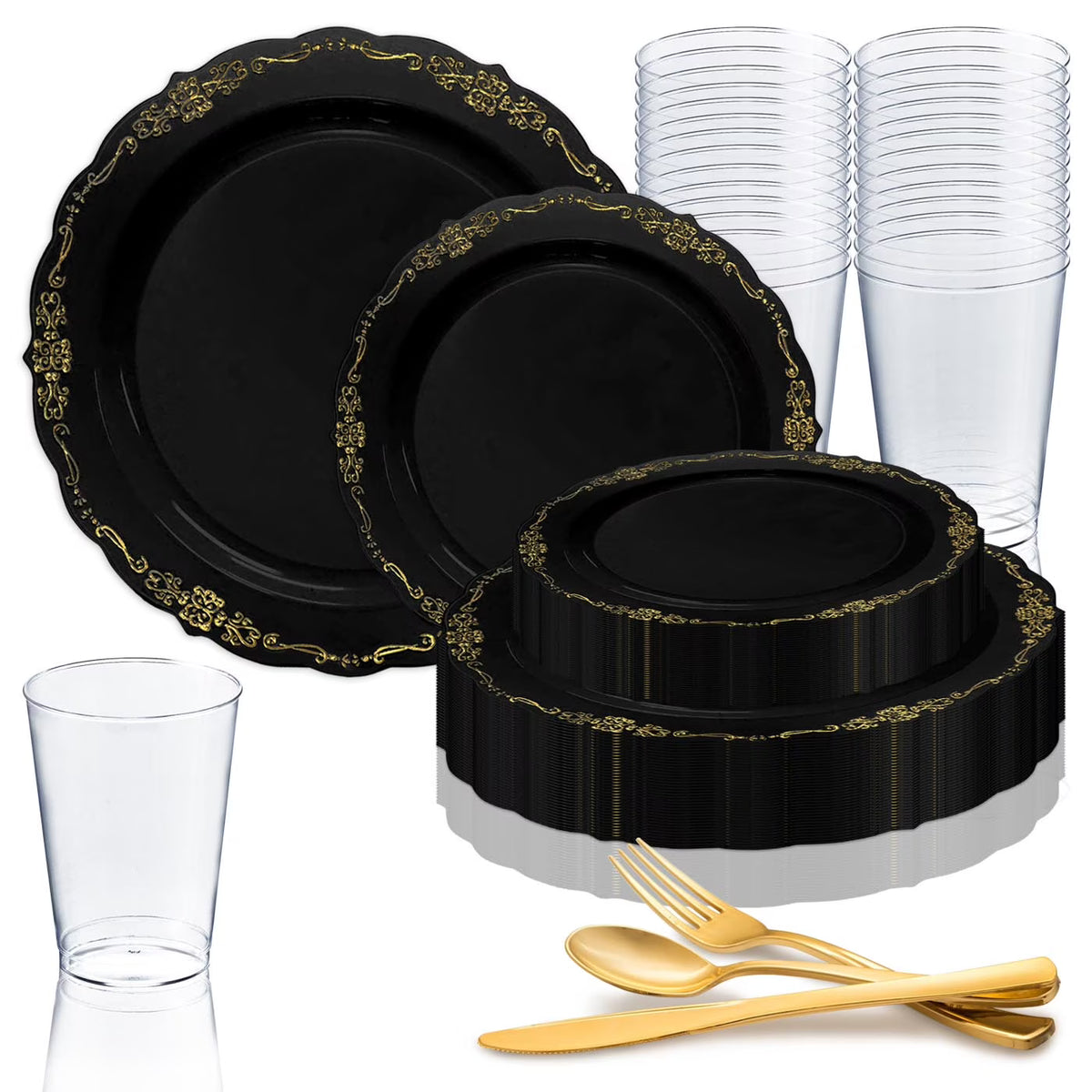 Black Gold Disposable Plastic Wedding Value Set (60 Guests) P845