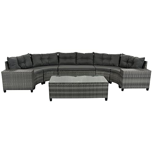 8 Piece Half Moon Sectional Patio Furniture Set with Washable Cushions and Glass Coffee Table R691