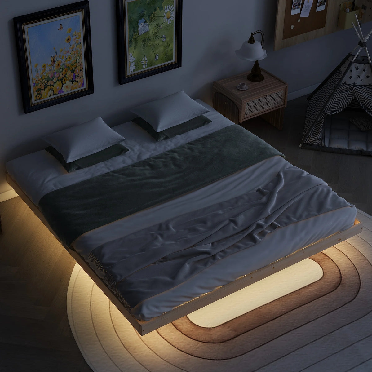 White Full Size Floating Bed Frame with LED Lights J375574