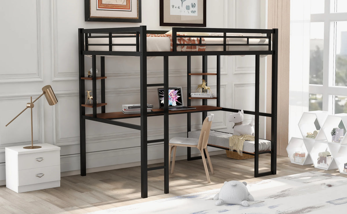 Full Size Metal Loft Bed with Desk and Shelves O336