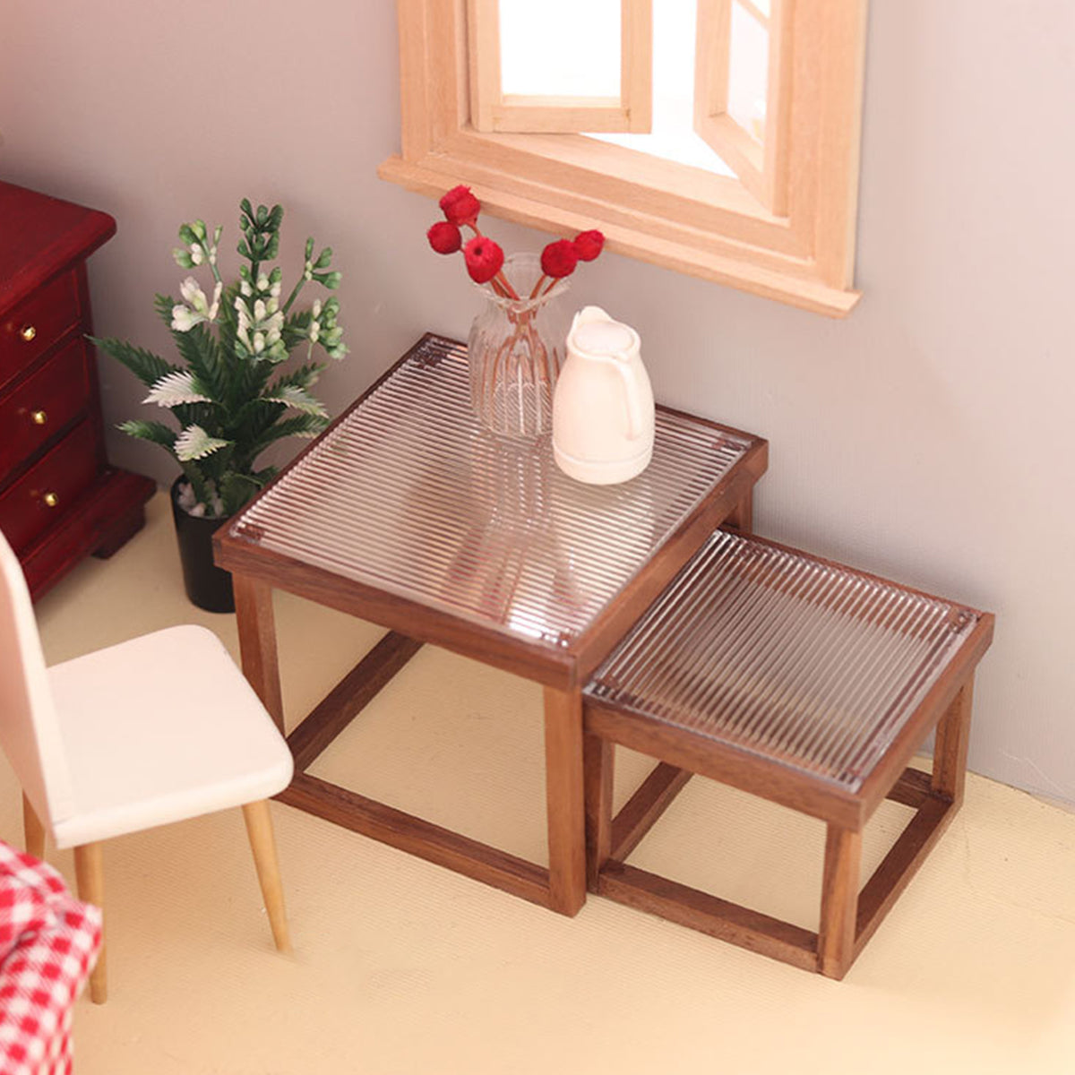 Mini Table Acrylic Black Walnut Wood for 1/12 Doll House J967