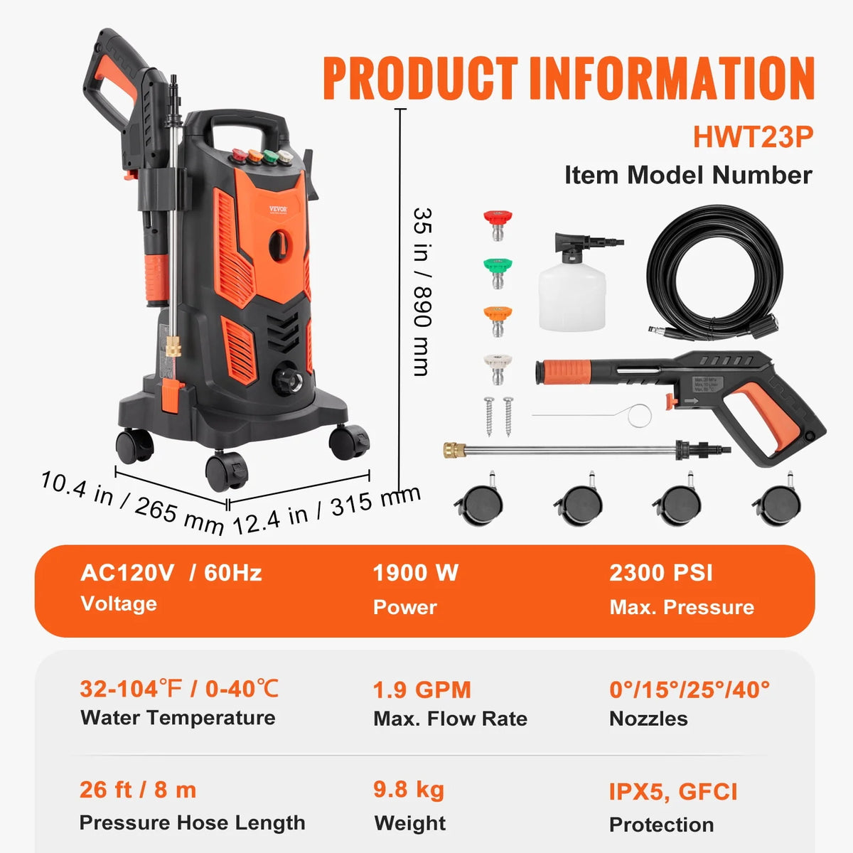 Electric Pressure Washer 2300 PSI 1.9 GPM Cold Water Wheeled N923