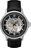 Silver Stainless Steel and Black Leather Band Automatic Watch E3569