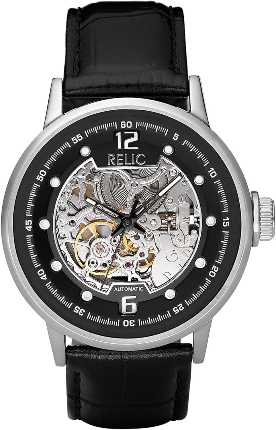 Silver Stainless Steel and Black Leather Band Automatic Watch E3569