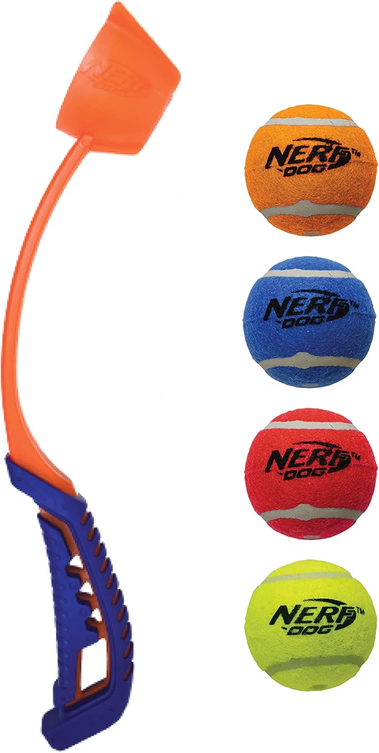 5-Piece Dog Toy Gift Set with Air Strike Launcher and Squeak Tennis Ball 4-Pack, Multicolored P20928