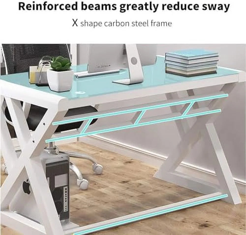 55.1 Inch Computer Desk with Tempered Glass Desktop and Metal Frame G223