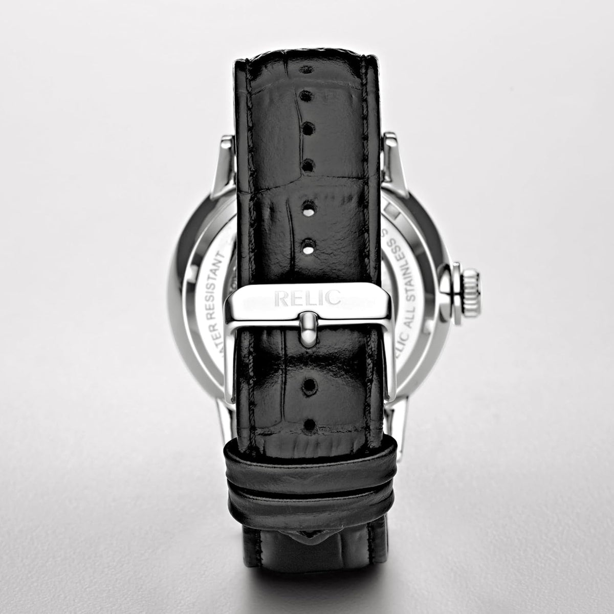 Silver Stainless Steel and Black Leather Band Automatic Watch E3569